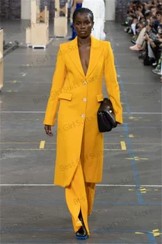Spilgti Dzeltena 2 Gab Sievietes Tērps āķu Žakete+Bikses Sarkano Paklāju Dizainera Žakete Formālās OLA Biznesa Balles Kleitu Pasūtījuma