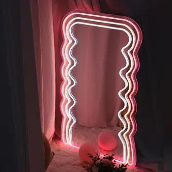 Viļņveida Neona Spogulis Meitenes Mājās Istabas Dekori Spoguļi Zīme, gaismas Make Up Viļņu Spogulis Nakts Lampas Pasūtījuma Spogulis Led Neona Zīme Kawaii
