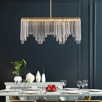 Modernās ēdamistabas lustra Luksusa taisnstūra virtuves salu kristāla lampu zelta LED mājas apdare lukturi un laternas