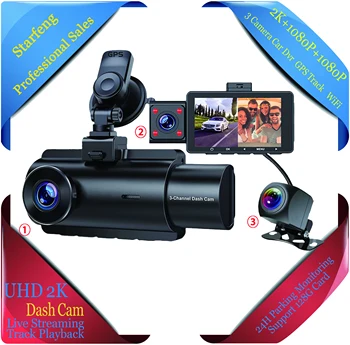 Dash Cam 3*Lēcas Priekšā Iekšpusē Aizmugurē Trīs Veidu Auto Dash Kameru, 2K+1080P Dual Channel Ar GPS WiFi IS Nakts Redzamības Videokameru