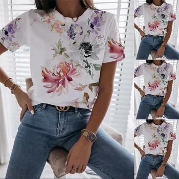 Vasaras Modes Sieviešu Iespiesti Īsām Piedurknēm V-veida Kakla T-krekls Gadījuma Universāls Top Sieviete un Dāma Krekli