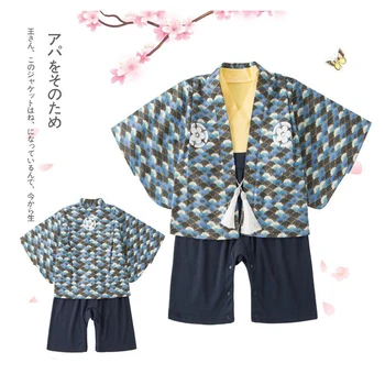 Zēna Pavasara un rudens garām piedurknēm bērnu viengabala zilu ziedu mētelis iespiests Hayi kāpšanas apģērbu uzdrukāts kimono