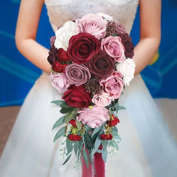 Līgava Kāzu Pušķi, Mākslīgo Rožu Ziedi Boda Līgavas Puses Zaļumi Sirds Formas Kaskādes Bordo Piederumi