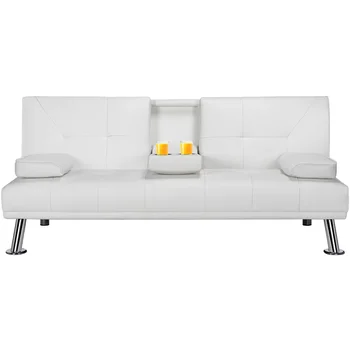 LuxuryGoods Mūsdienu Mākslīgās Ādas Futon ar Cupholders un Spilveni, Balts dīvāns cama