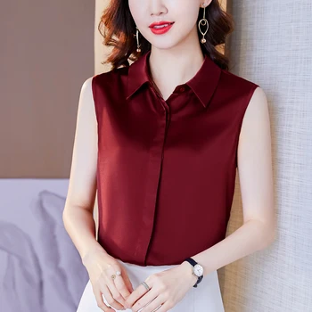 Vasaras Satīna Zīda Krekls bez Piedurknēm Sieviešu Top Modes korejas Dāmas Darbu Blūze tīrtoņa Krāsu Atloks Vaļīga Apģērba