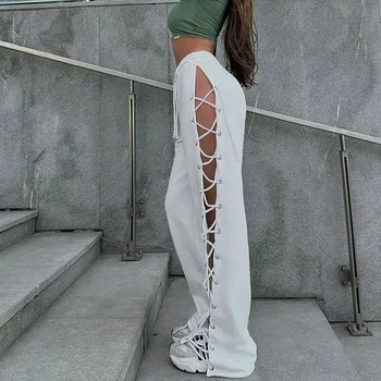 Vasaras Bikses Streetwear Visas spēles Zaudēt Sānu Spraugas Mežģīnes-up Bikses Sexy Dobi No Plaša Kāju Bikses 2023 Gadījuma Taisni kāju Elsas