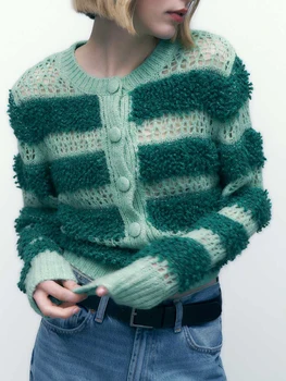 Sievietēm s Colorblock Adīt Džemperis ar Pogu Detaļām un Apaļu kakla Izgriezumu - Y2K Iedvesmoja Streetwear
