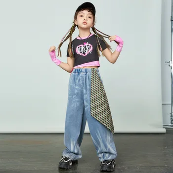 Bērniem Hip Hop Kostīms Meitenēm Kpop Džeza Deju Apģērba Kultūru Topi Džinsa Bikses Pusaudzis, Mūsdienu Dejas, Valkā 8 10 12 14 Y