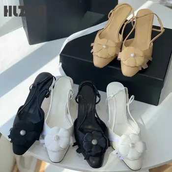 Kvadrātveida galvas vidū-papēža temperaments Baotou sandales sieviešu ādas 2023 rudens jaunas smalku papēža pērle atpakaļ braucienu siksnas sieviešu kurpes