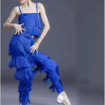 Bērnu meiteņu zeķu latīņamerikas deju pušķis tērps, tops un bikses zilā praksi apģērbu Rumba Čača dejas clotheing