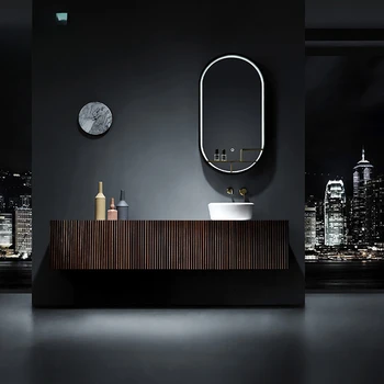 High-end pasūtījuma melnā valrieksta koka krāsu vannas istabas skapis izlietnei ministru kabineta kombinācija Ziemeļu gaismas luksusa tualetes washbas