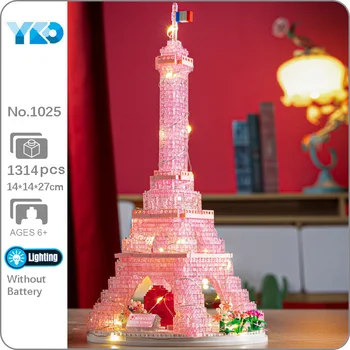 YKO 1025 Pasaules Arhitektūras Rozā Kristāla Romantiska Eifeļa Tornis Sirds LED Gaismas 3D Mini Dimanta Bloki, Ķieģeļi Celtniecības Rotaļlietu Kaste Nr.
