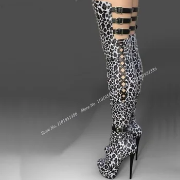 Leopards Drukāt Platformas Zābaki Apaļu Purngalu Super Augstiem Papēžiem Sprādzes Dekoru, Sexy Sievietes, Rudenī Modes Apavi 2023 Zapatos Para Mujere
