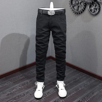 Modes Dizainere Vīriešu Džinsi Melnā Elastīgs Stiept Slim Fit Vintage Jeans Vīriešu Augstas Kvalitātes Sānu Rāvējslēdzējs Kabatas Hip Hop Bikses Hombre
