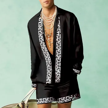 Modes Vīrieši Atloks Jaka Top +Kabatas Īsu Elsas Apģērbs 2023 Vīriešu Krekls Drukas Noteikts Vasaras Gadījuma Zaudēt Garām Piedurknēm Divas Gabals Uzvalks