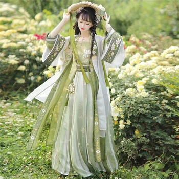 Dziesmu Dynasty veikti vasaras Hanfu sieviešu Chinoiserie vidukļa garuma svārki zaļā super pasaku elegants Han Xuqing gardenia kleita