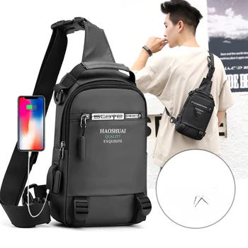 Modes Vīriešu Krūšu Soma Āra Atpūtas Sporta Mobilo Telefonu Maisiņā ar USB Uzlādes Plecu Crossbody Somas