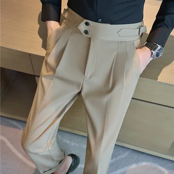 Jauno Modes Britu Stila Rudens Tendence Augstās Jostasvietas Bikses Vīriešu Jostas Dizaina Slim Fit Uzvalku Bikses Sociālo Kāzu svinības, Oficiālas Bikses