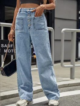 2022. gada Pavasarī, Rudenī Sieviešu Modes Gaismas Krāsu Vintage Jeans Sieviešu Zaudēt Gadījuma Plaša Kāju Bikses Dāma Augsto Vidukli, Taisniem Bikses