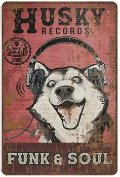 Retro Bieza Metāla Skārda Parakstīt - Husky Klausīties Mūziku Sienas Mākslas Smieklīgi Pazīmes Mājas， Būtiski pastaigām ar suņiem， Suņu Mīļotājiem Dāvanu